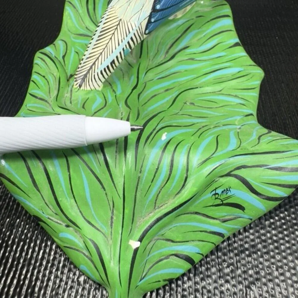 Hand Made Mexican Pottery Parrot Bird On Leaf Tree Sculpture Artist Signed‎ VTG